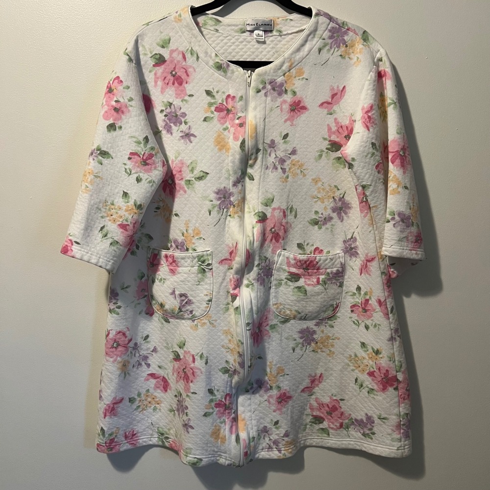 Miss Elaine Floral Quilted Zip Front Robe Pink Purple Short Sleeve Housecoat S